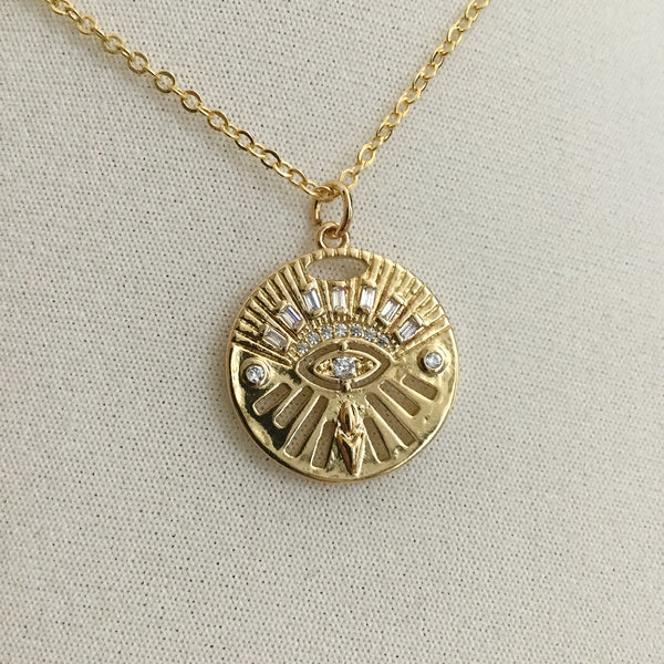 gold evil eye cubic zirconia coin necklace