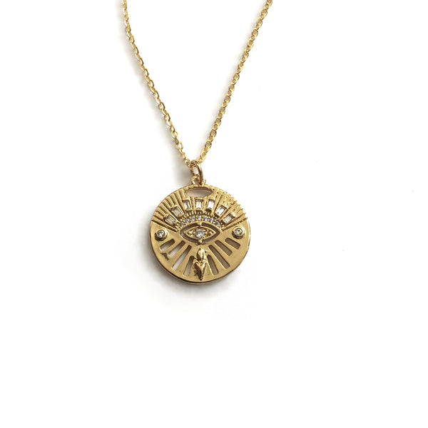 gold evil eye cubic zirconia medallion pendant