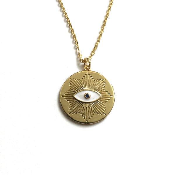 gold evil eye coin starburst necklace