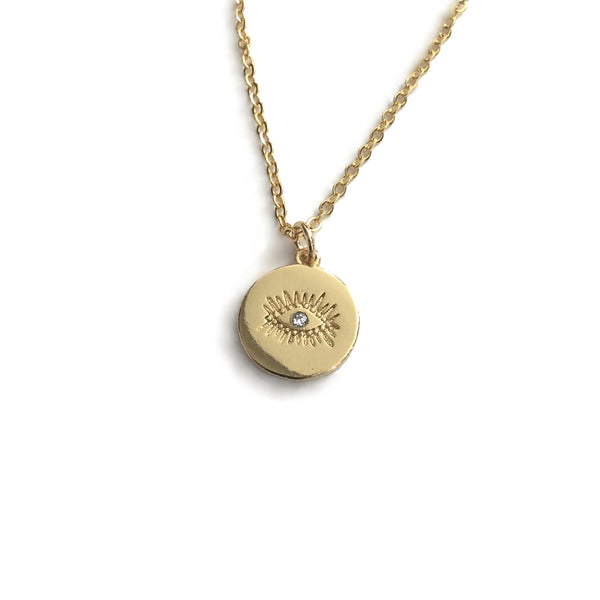 gold evil eye simple sun cubic zirconid coin medallion necklace