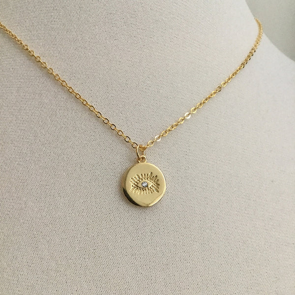 gold evil eye tiny cubic zirconia coin necklace