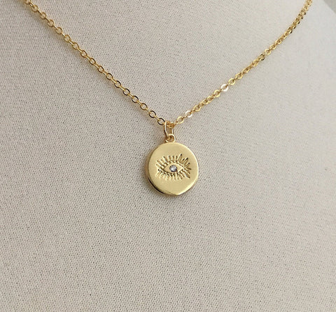 gold evil eye cubic zirconia coin medallion protection necklace