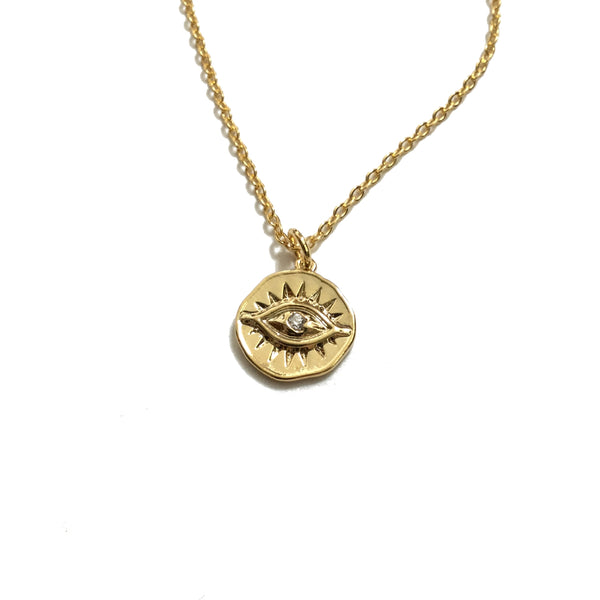 Gold plated evil eye coin cubic zirconia pendant necklace