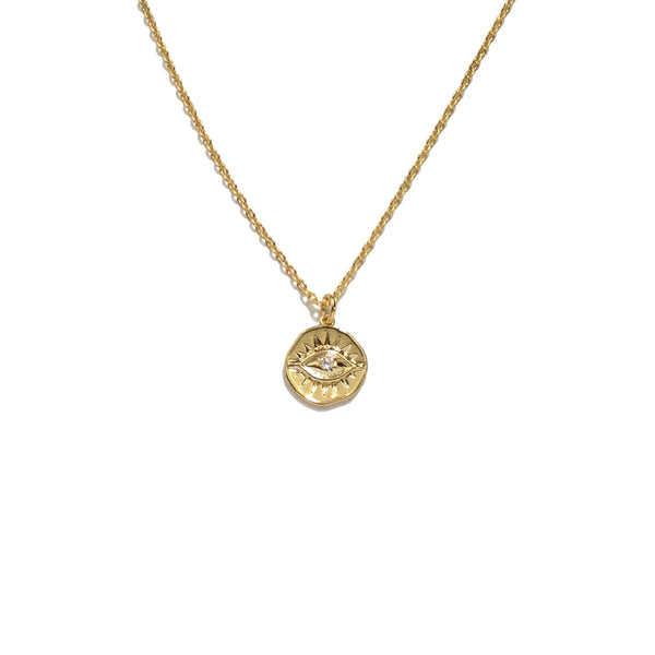 Gold plated evil eye cubic zirconia round coin necklace