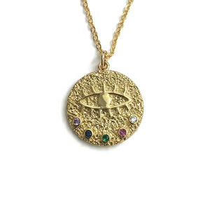 gold evil eye colorful cubic zirconia medallion necklace