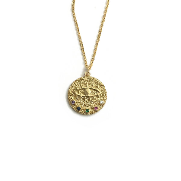 gold sacred eye evil eye coin medallion colorful cubic zirconia diamonds necklace