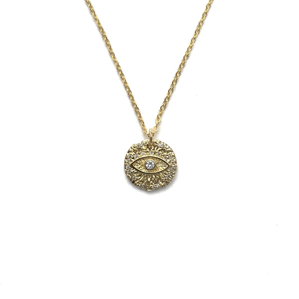 gold evil eye cubic zirconia coin medallion pendant necklace