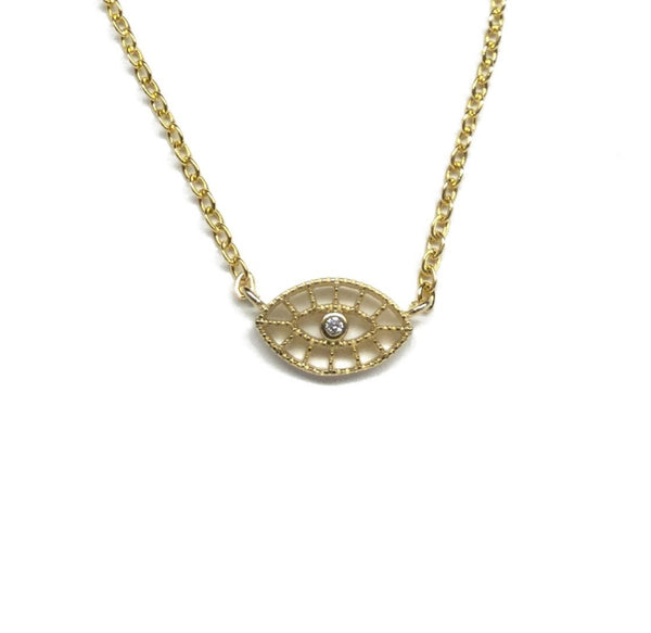 Gold plated tiny evil eye cubic zirconia filigree necklace