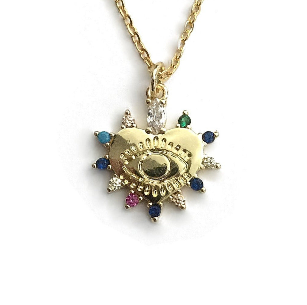 gold evil eye heart rainbow cubic zirconia stones necklace