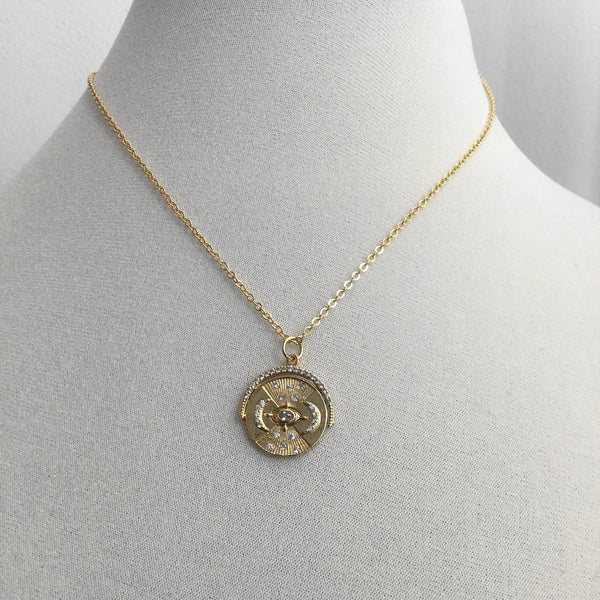 gold evil eye coin celestial medallion necklace