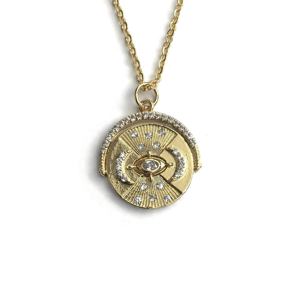 gold evil eye cubic zirconia coin pendant necklace