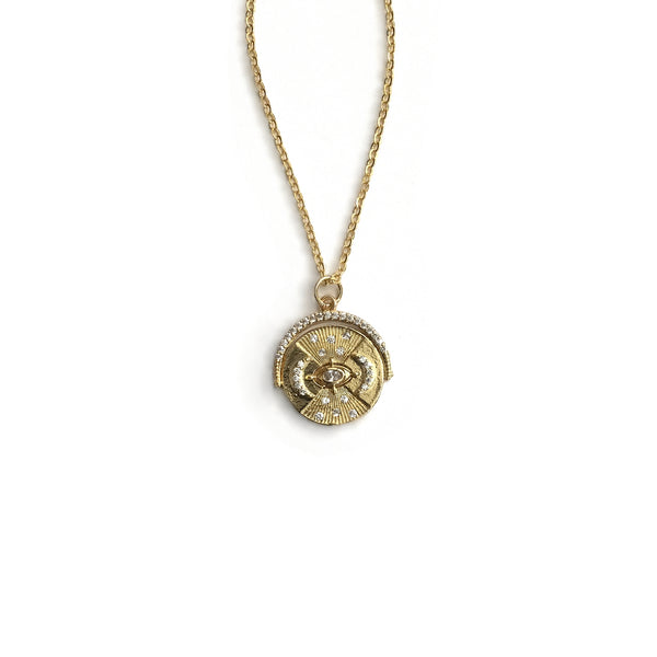 gold evil eye cz crescent moon coin medallion necklace