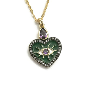 evil eye green enamel heart cubic zirconia amethyst necklace