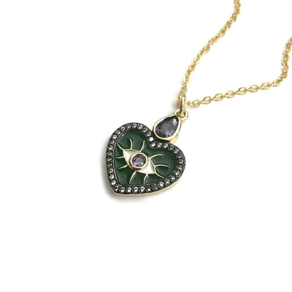 gold plated evil eye green heart purple cubic zirconia necklace