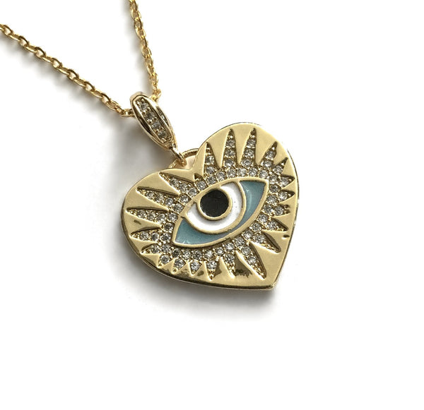 gold evil eye cz enamel heart necklace