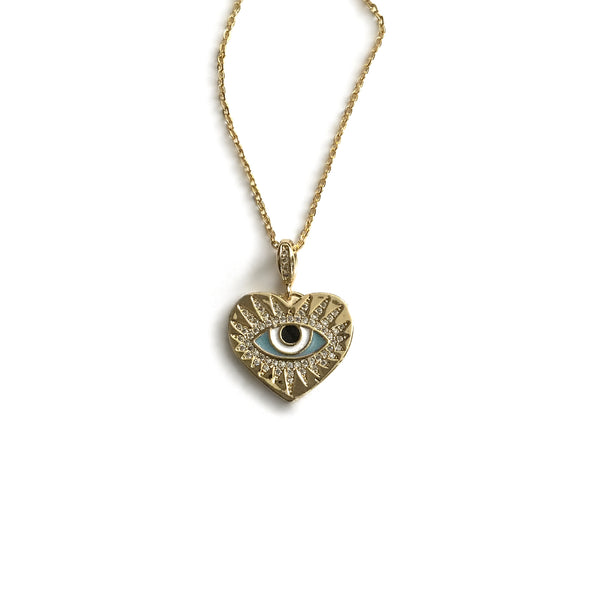 gold evil eye cubic zirconia heart medallion necklace