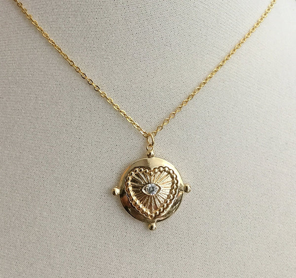 gold evil eye cz heart medallion necklace