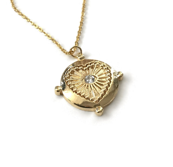 gold evil eye heart cz medallion necklace
