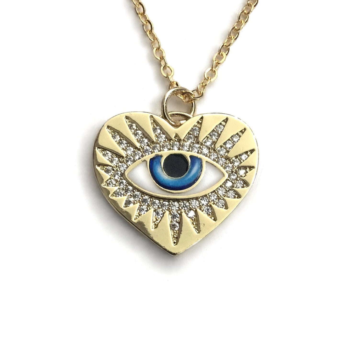 gold evil eye cubic zirconia diamonds sunburst necklace
