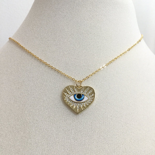 gold evil eye heart sunburst sparkly cz enamel necklace