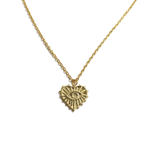 Gold plated heart shaped evil eye pendant necklace