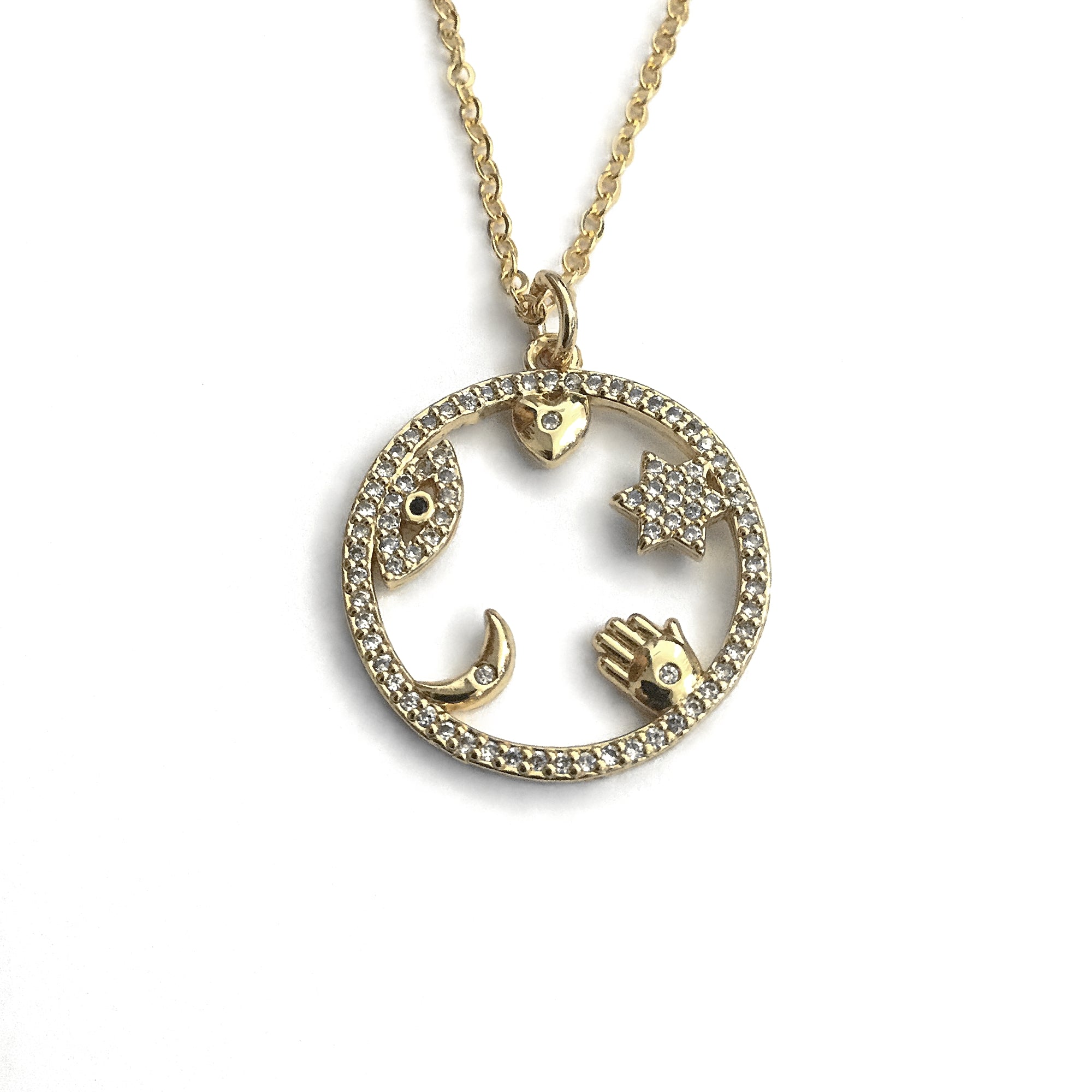gold evil eye micro pave heart star hamsa hand crescent moon necklace