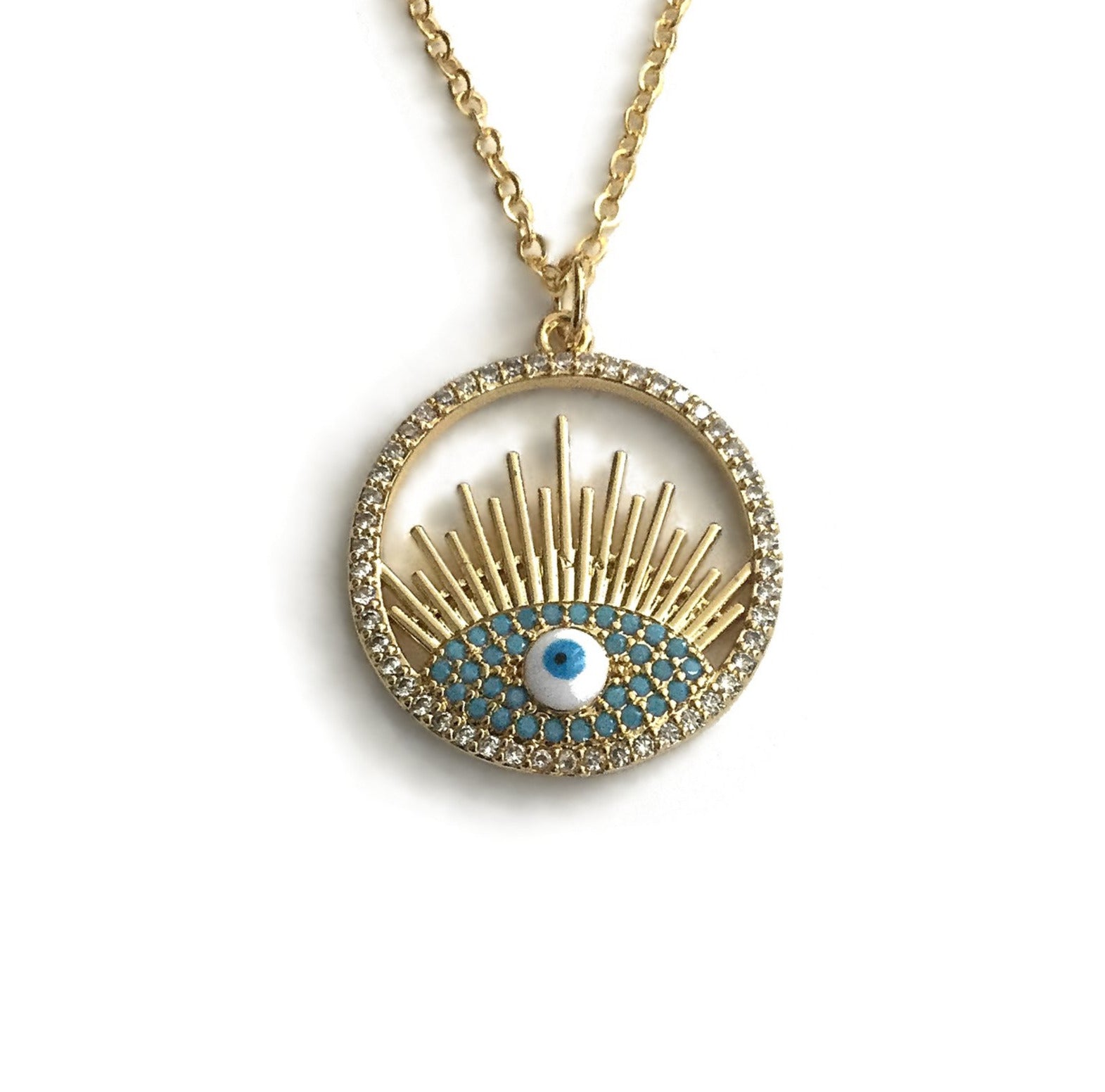 gold evil eye micro pave cubic zirconia turquoise medallion necklace