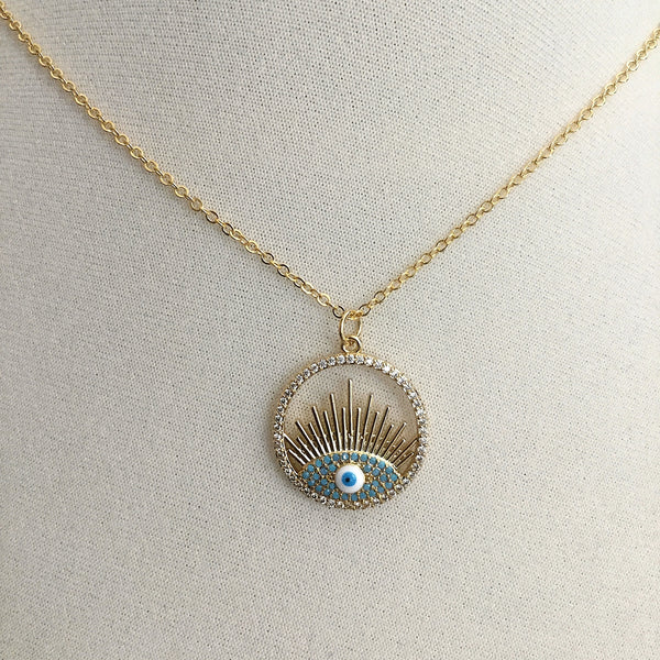 gold evil eye sunburst turquoise cubic zirconia necklace