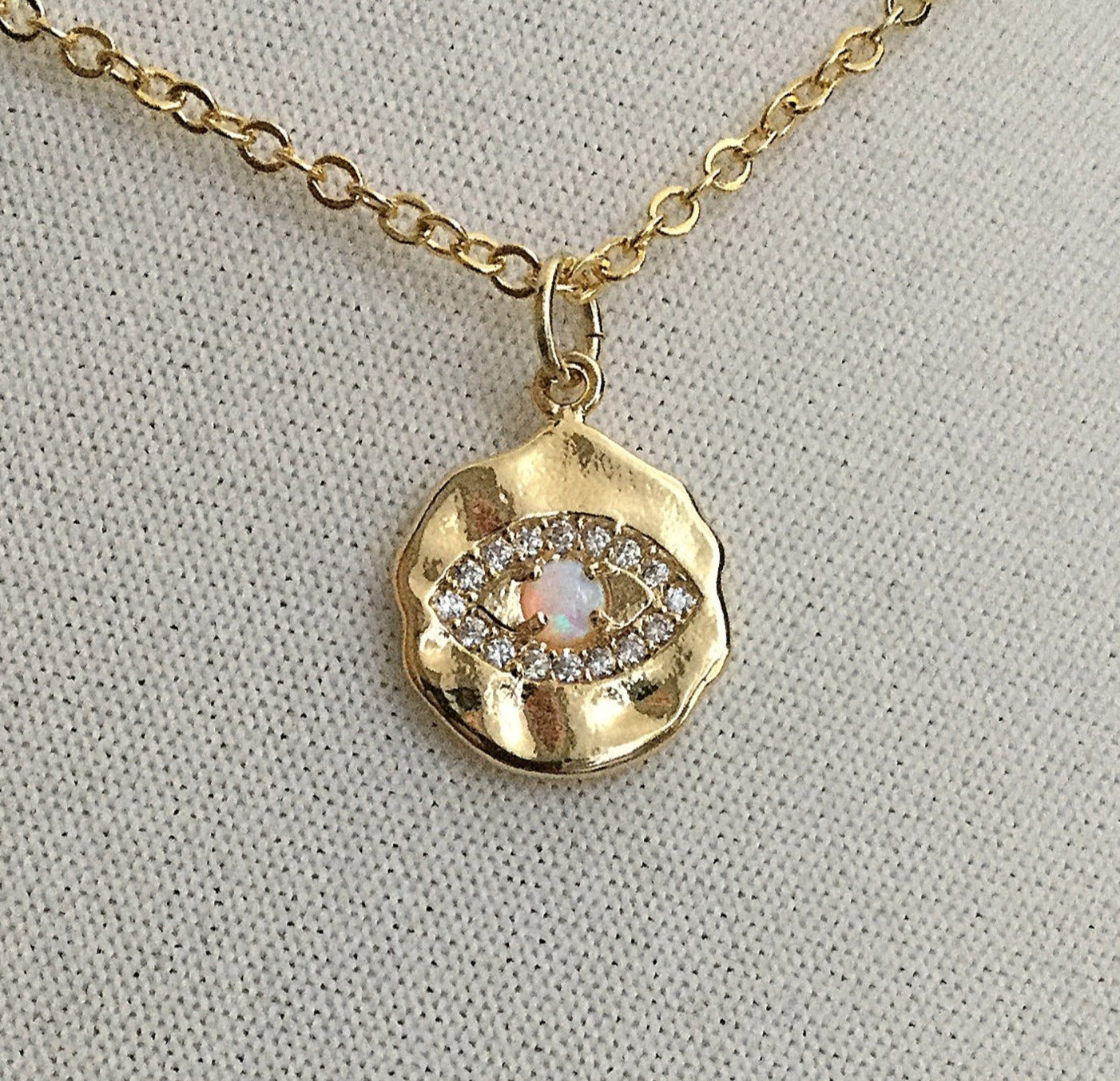 gold evil eye opal cz medallion necklace