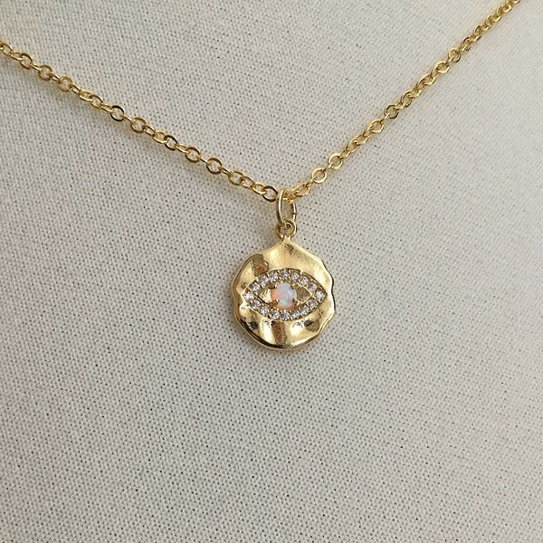 gold evil eye opal cz medallion necklace