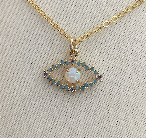 gold evil eye opal turquoise cz necklace