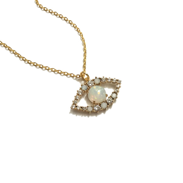 Gorgeous gold plated evil eye opal and cubic zirconia pendant necklace