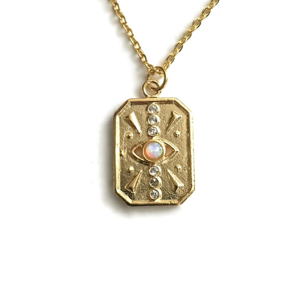 gold evil eye tag opal starburst cubic zirconia necklace
