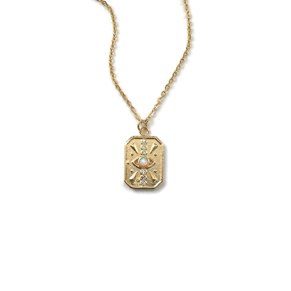 gold evil eye opal cz tag necklace
