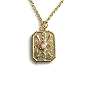 gold evil eye opal cz rectangle tag medallion necklace