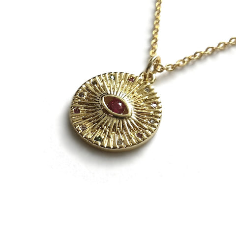gold evil eye cubic zirconia ruby stone necklace