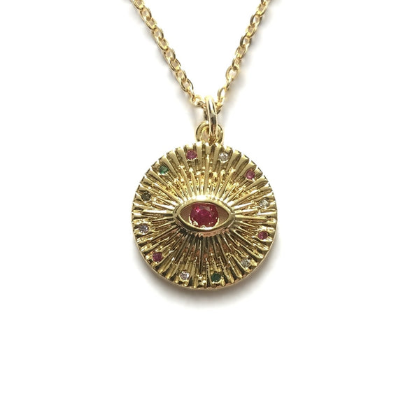 gold evil eye multicolor rainbow cubic zirconia stone medallion necklace