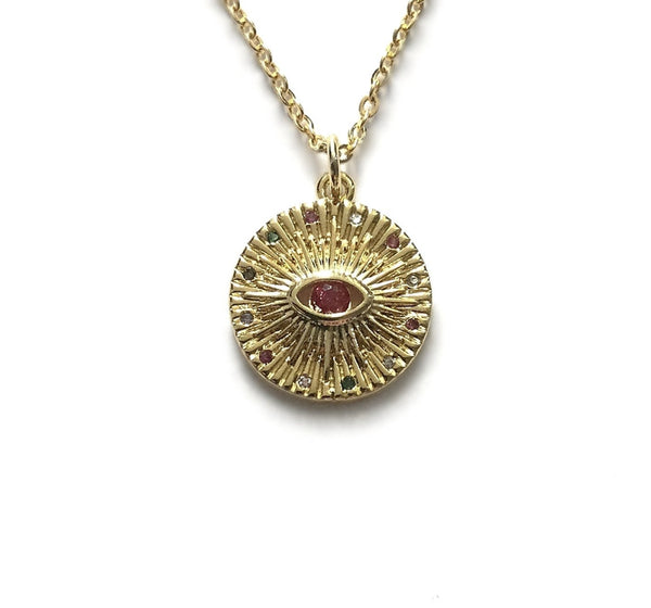 gold evil eye cubic zirconia rainbow ruby coin necklace