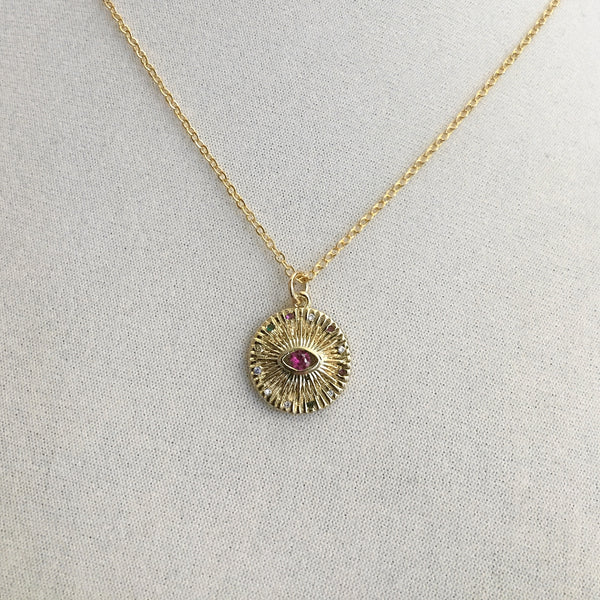 gold evil eye ruby cubic zirconia coin necklace