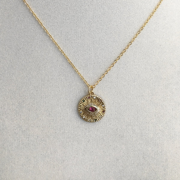 gold evil eye cubic zirconia jewels medallion ruby necklace