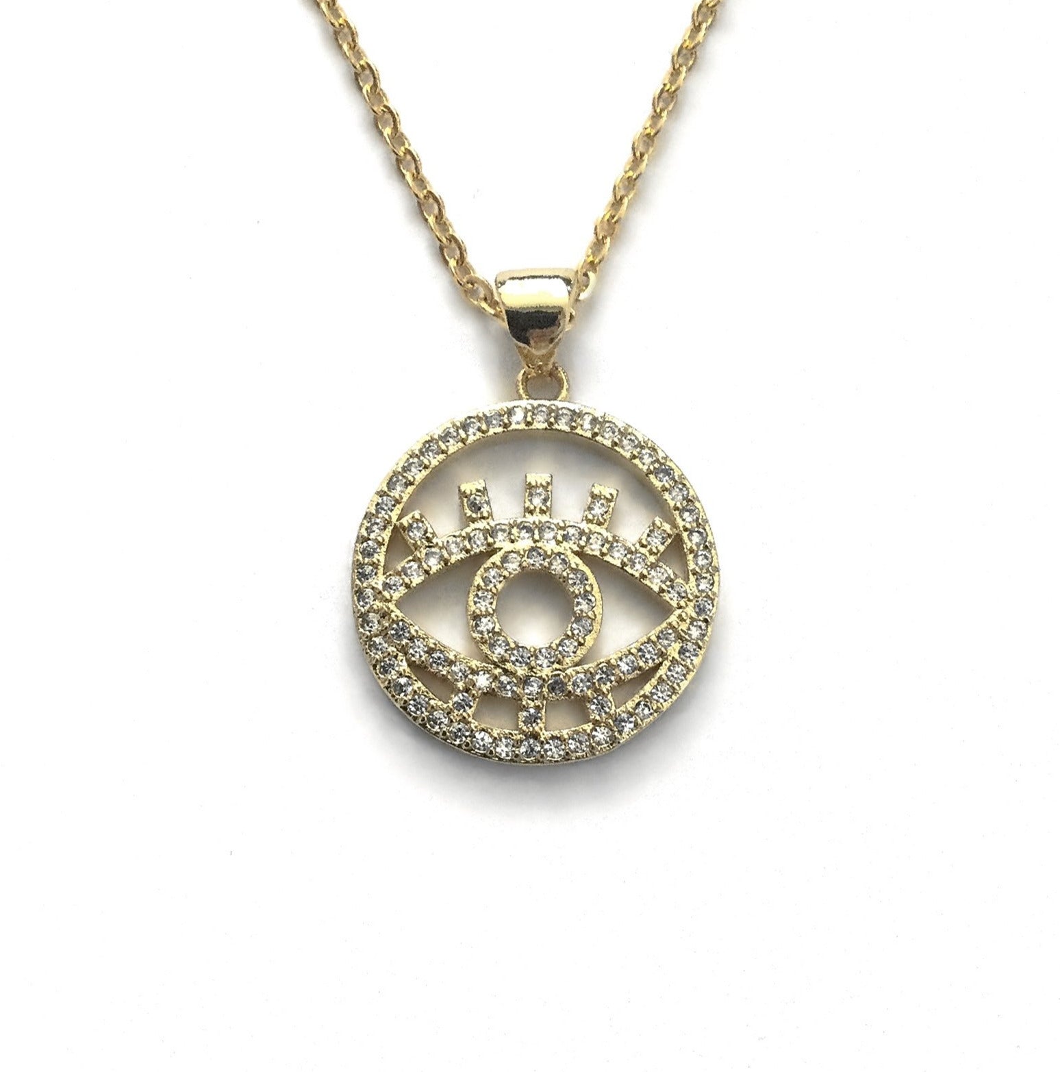 gold micro pave cubic zirconia evil eye necklace