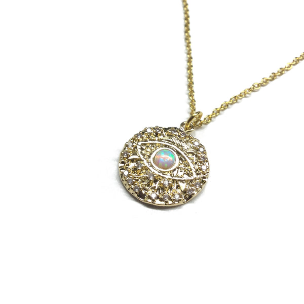 Evil eye Cubic Zirconia and Opal Medallion Necklace