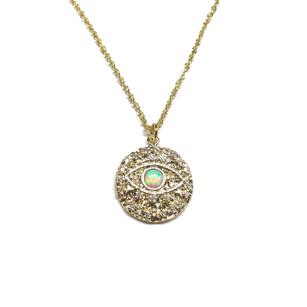 Gold plated evil eye cubic zirconia and opal medallion necklace