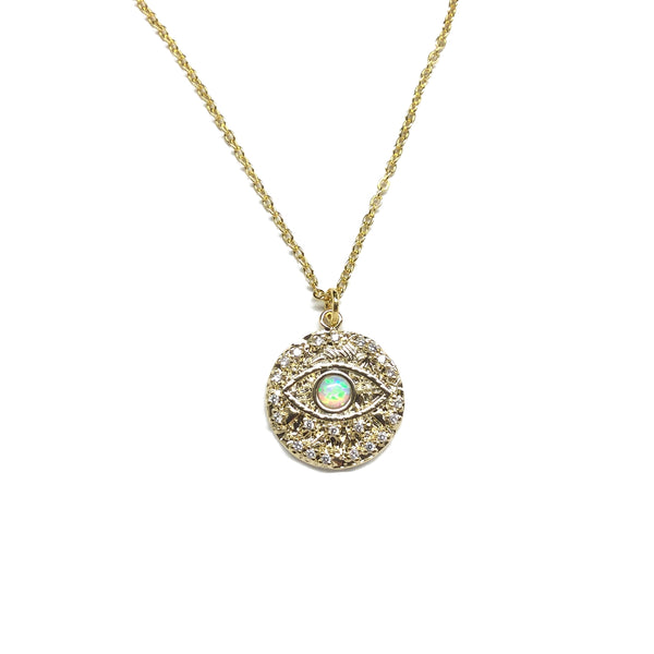 Gold plated opal cubic zirconia diamonds evil eye necklace