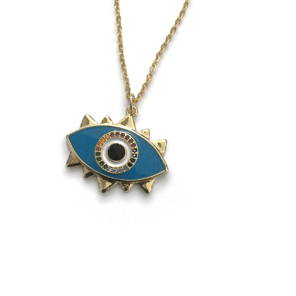 gold teardrop evil eye colourful cubic zirconia diamonds blue necklace
