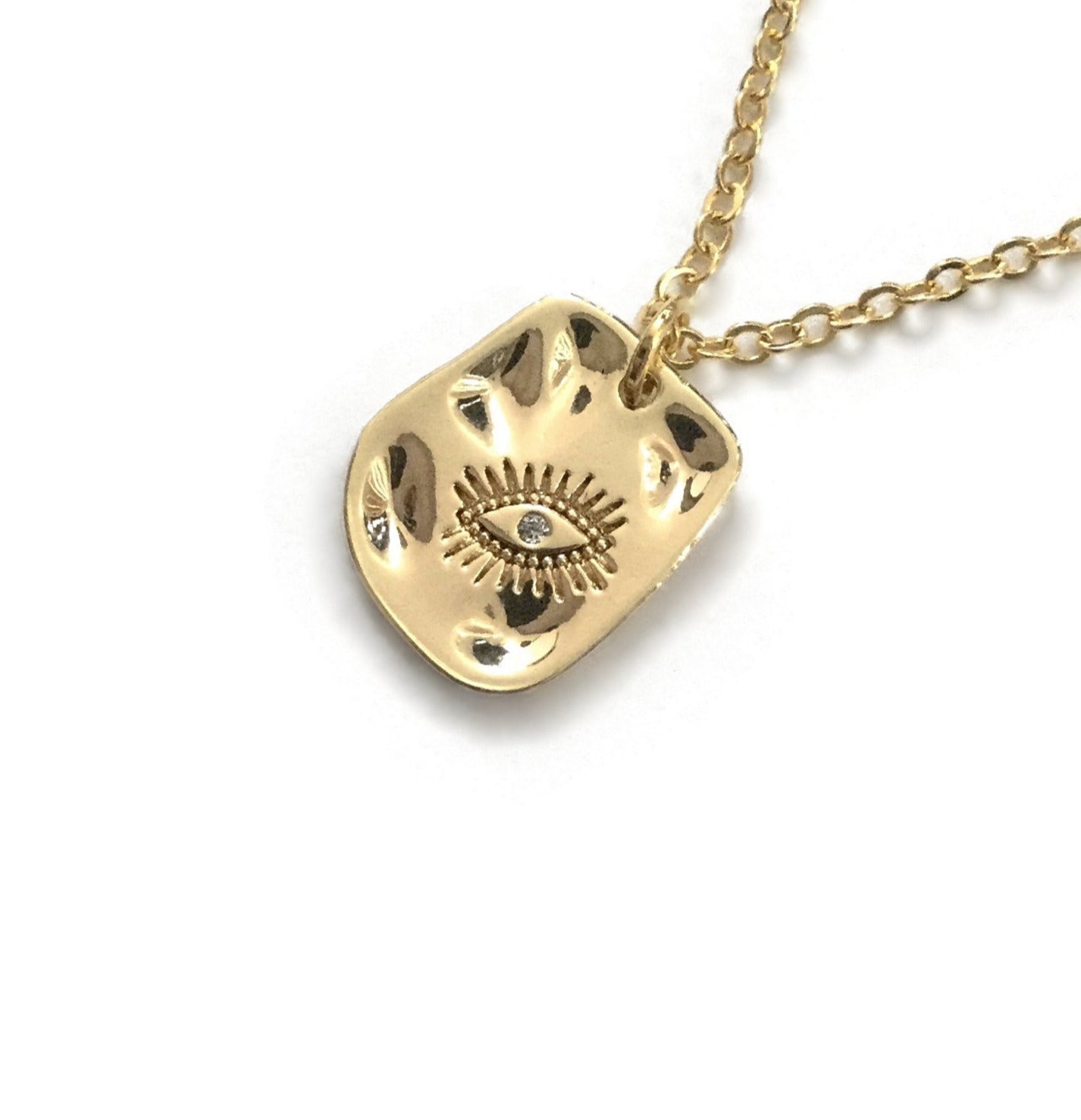 gold evil eye CZ square medallion necklace