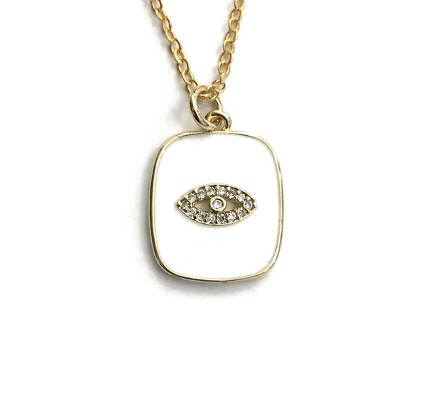 gold evil eye cz white enamel square necklace