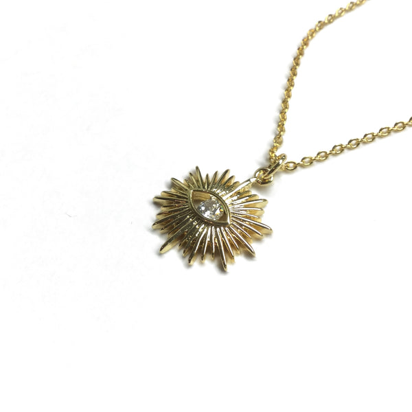 gold evil eye sunburst cubic zirconia diamond necklace