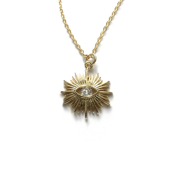 gold evil eye cubic zirconia faceted stone sun necklace
