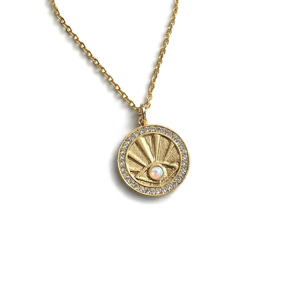 gold evil eye sun opal medallion necklace